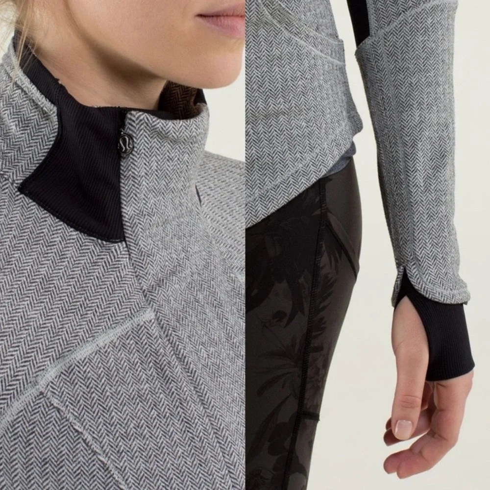 Lululemon Base Runner 1/2 Zip Heathered‎ Herringbone Heathered Black White